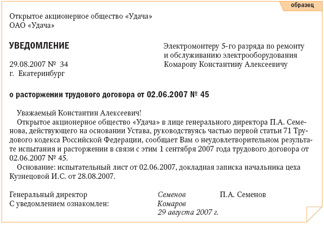 краткий Увольнение с коньракьа на испытательом сроке городе есть