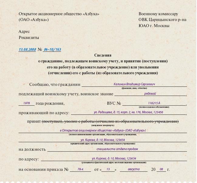 Форма 6 по Воинскому Учету бланк